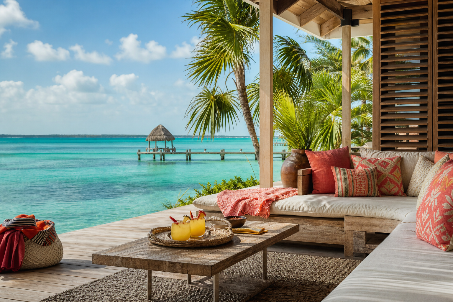 Sunlit island terrace overlooking the Caribbean